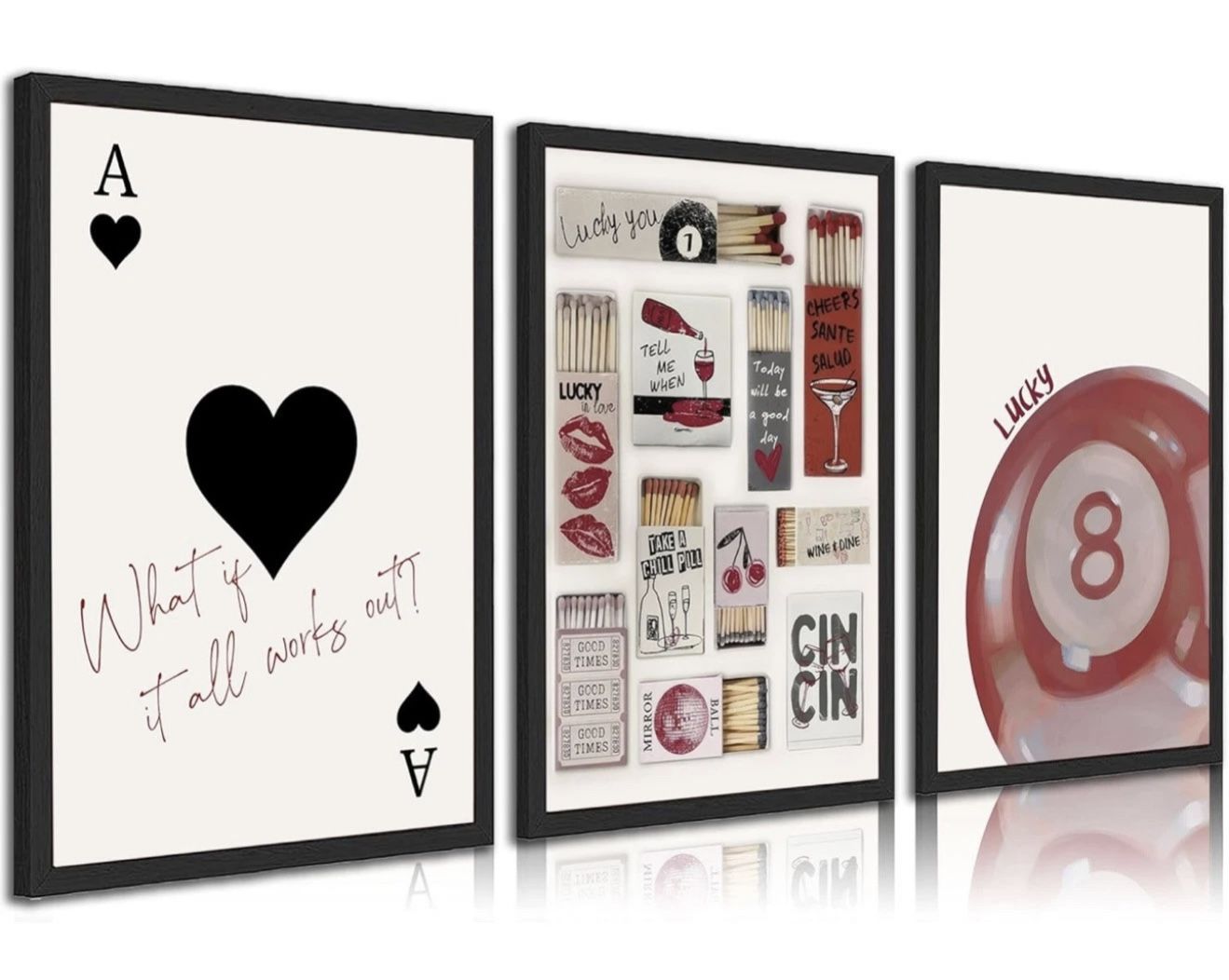 Vintage Set of 3 Matchbox Wall Art Canvas,Funky Lucky You 8 Ball Pool Art Canvas