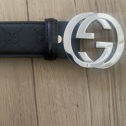 Gucci Signature Embossed Belt, Black Leather, Silver Buckle