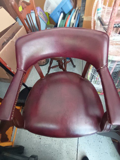 Set Of Four Red Leather And Wood Office Chairs