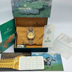 1996 Rolex Datejust 16233 36mm 18k yellow gold & stainless steel jubilee bracelet factory champagne tapestry dial 18k fluted bezel watch booklets tag 