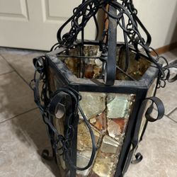  Vintage Wrought Iron Stained Glass Swinging Lantern 