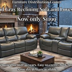 Winter clearance sale. Madrid, gray leather reclining sofa and loveseat set only $1199. Easy finance option. Same-day delivery.