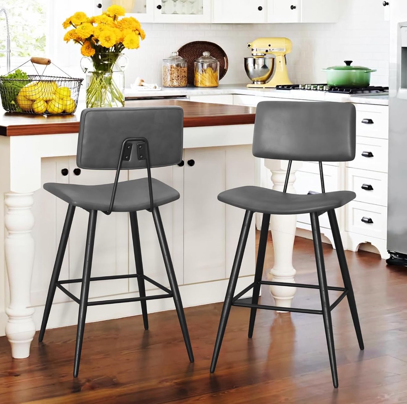 24.5" Counter Height Bar Stools Set of 2, Gray Faux Leather Upholstered Barstools with Back Footrest and Metal Legs, Armless Bar Chairs for Kitchen Is
