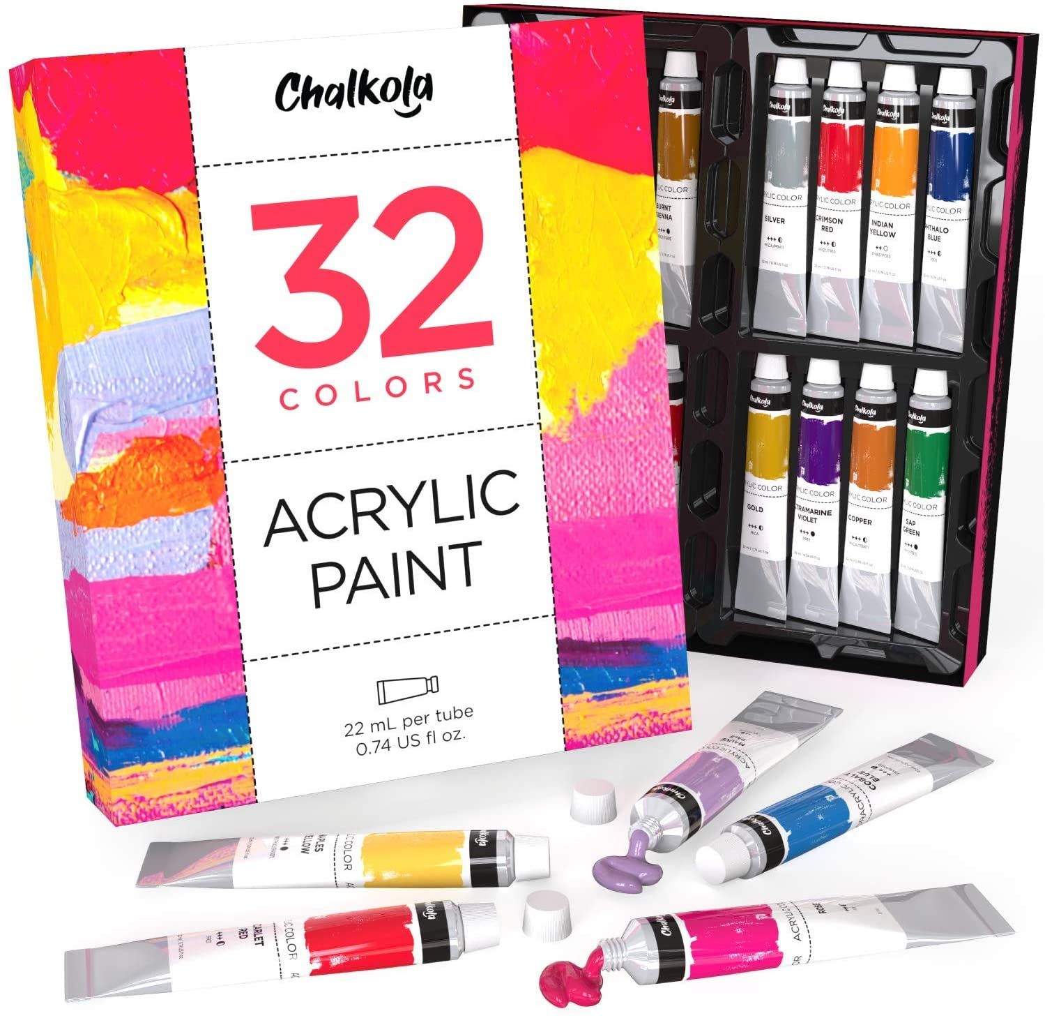 Acrylic Paint Set (32 Colors, 22 ml tubes, 0.74 oz.) for Canvas, Crafts, Wood Painting - Rich Pigment, Non Fading, Vibrant Non Toxic paints for Kids,