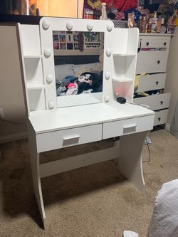 White Vanity with mirror and lights