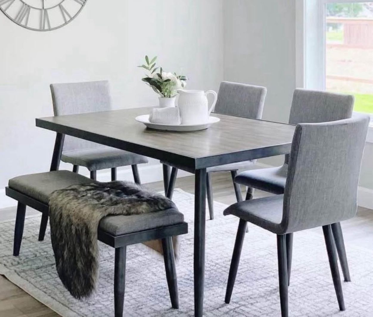 4 Grey Dining Chairs + Matching Bench – $350 (No Table Included)