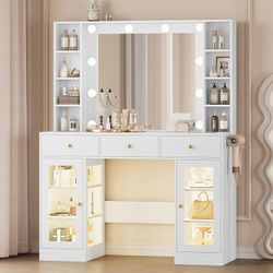 New Makeup Vanity Desk with Mirror and Lights, White Vanity with Glass Top, LED Lights & Power Outlet, 3 Drawers & 2 RGB Glass Cabinets, Adjustable Li