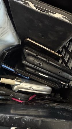 Box full of electronics untested from Storage Unit I bought. RAM cards, gigabytes hard drives computers phones.