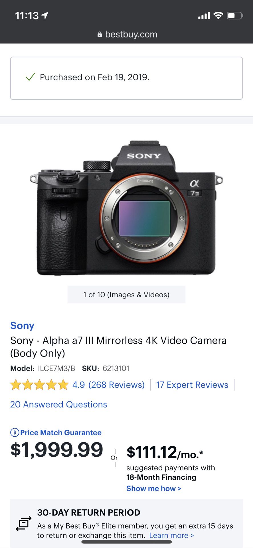 SONY A7III - EXCELLENT CONDITION ( w/ 35mm Zeiss 2.8)