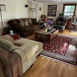 Living Room Furniture-Sofa, Chair/Ottoman, Leather Recliner and Handmade Rug