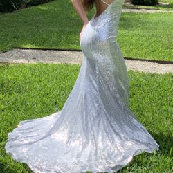 Open Back Silver Sequin Gown Dress