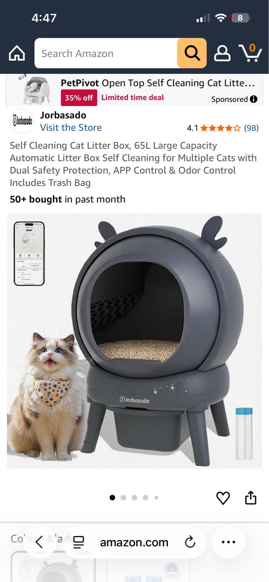 Self Cleaning Cat Litter Box, 65L Large Capacity Automatic Litter Box Self Cleaning for Multiple Cats with Dual Safety Protection, APP Control & Odor