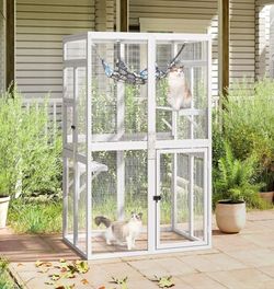 Catio Outdoor Cat Enclosure Window Access, Wooden Cat House Shelter, Kitty Cage with Hammock for Patio