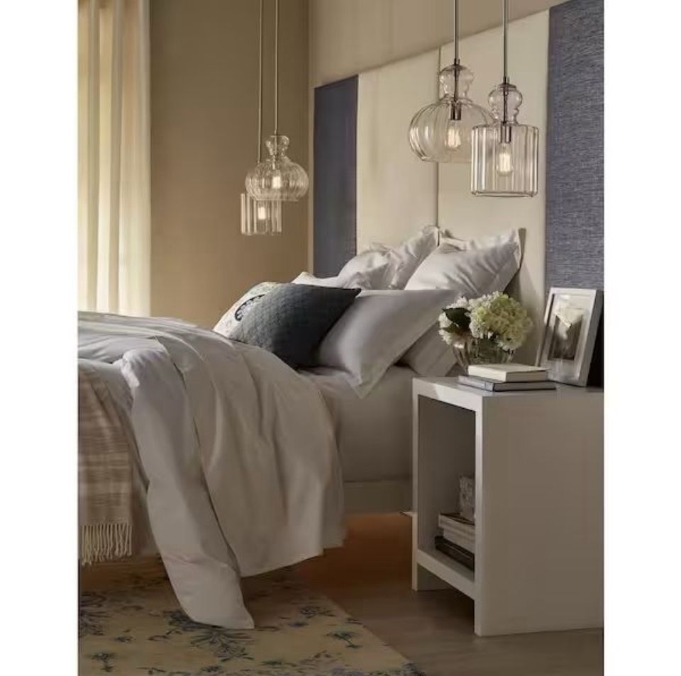 Open Box KICHLER Riviera 13 in. 1-Light Brushed Nickel Transitional Shaded Kitchen Pendant Hanging Light with Clear Ribbed Glass