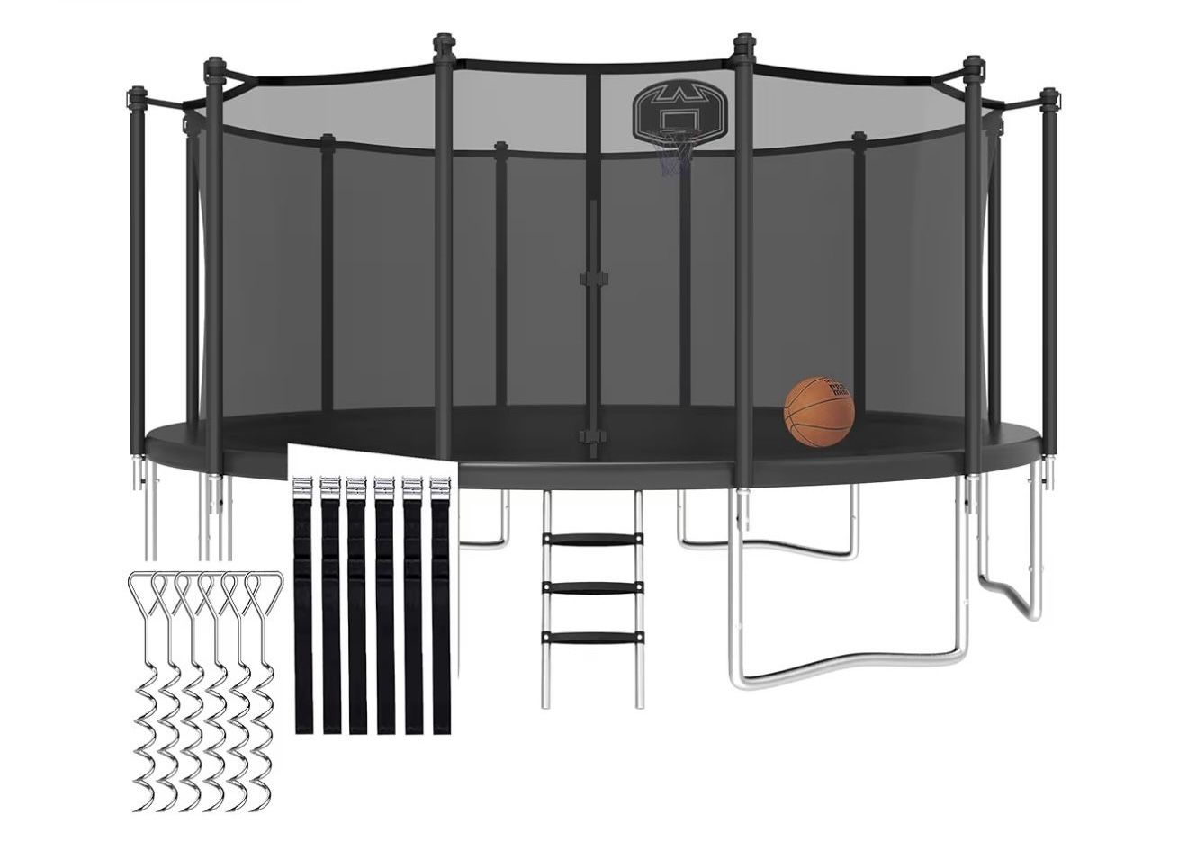 8 FT Tranpoline for Adults/Kids with Safety Enclosure Net, Basketball Hoop, Ball, Wind Stakes and Ladder, Heavy Duty Outdoor Recreational Tranpolines