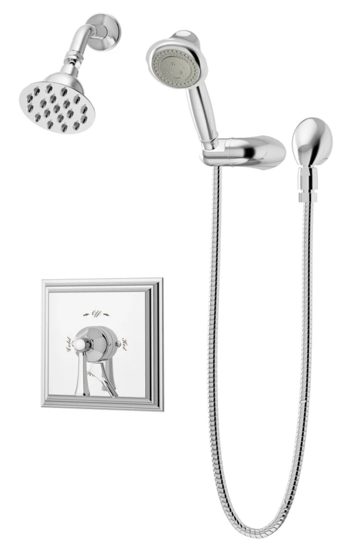 {ONE} Canterbury thermostatic shower faucet by Symmons. Finish: polished chrome. Overall: 3.88” H x 3.88” W x 8.625”. Valve: 7.5” x 7.5”. Swivel spout