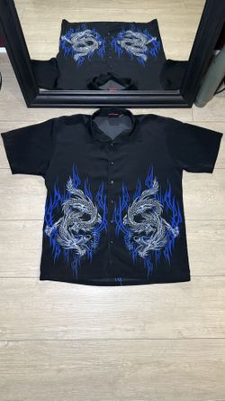 Vintage / Y2K 1990s Silver Dragon Flame Button Up 