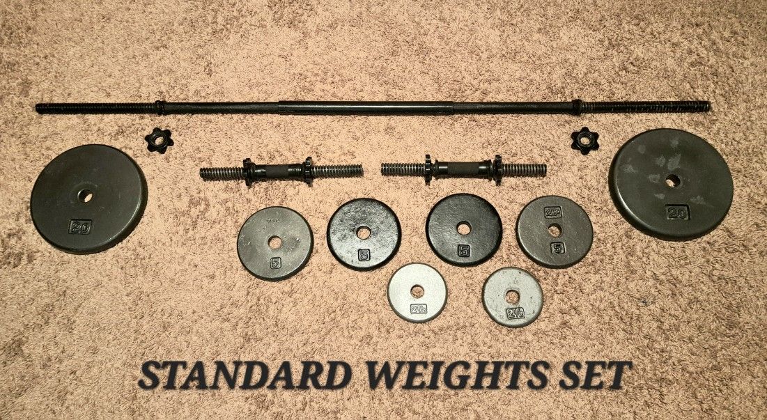 Standard Size Weights Set 65 LBS Plates 60 in bar 2 Dumbbells - $60. (South Fort Worth)