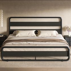 Queen Size Metal Bed Frame with Wooden Headboard and Footboard, Heavy Duty Oval-Shaped Platform Bed with Under-Bed Storage, Noise Free, No Box Spring 