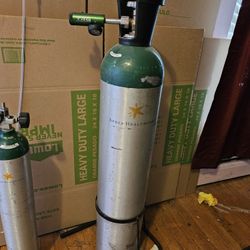 Large Oxygen canister tank bottle container cylinder gas empty  See photos. O2 Measures 41 inches tall. Comes with installed regulator and floor stand