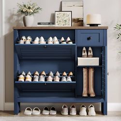 Shoe Storage Cabinet with 2 Flip Drawers, 1 Drawer, 1 Side Cabinet, Narrow Shoe Organizer with Ventilated Grille Panel & Movable Shelves, Freestanding