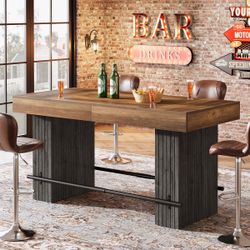 Industrial Rectangular Counter Height Pub Dining Bar Table 63-Inch Home Office Unit with Metal Footrest for Kitchen Bistro