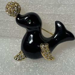 Black Enamel & Gold Tone Rhinestone Brooch 