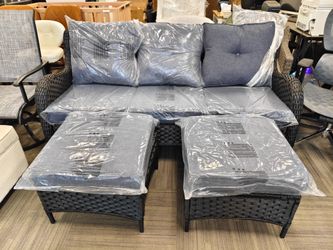 Black 3-Piece Wicker Outdoor Patio Seating Conversation Set Sectional Sofa and Ottoman with Blue Cushions