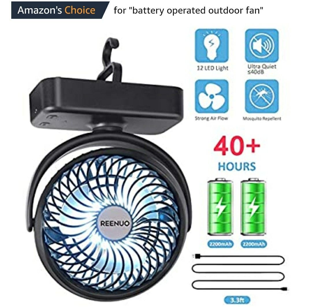 Brand new 5000mAh Camping Fan with LED Lights, 40 Hours Max Working Time Tent Fan with Hanging Hook
