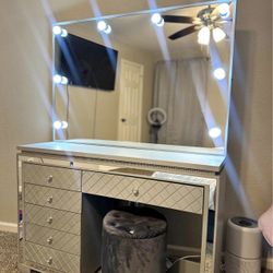Mirrored Vanity with Light-Up Mirror + Velvet Stool (Like New!) 
