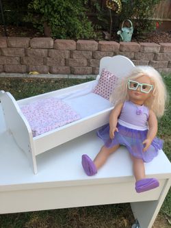 Our Generation Doll with white wooden bed with accessories
