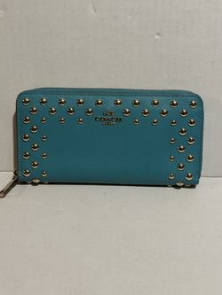 Coach Studded Crossgrain Accordion Zip Wallet in turquoise leather