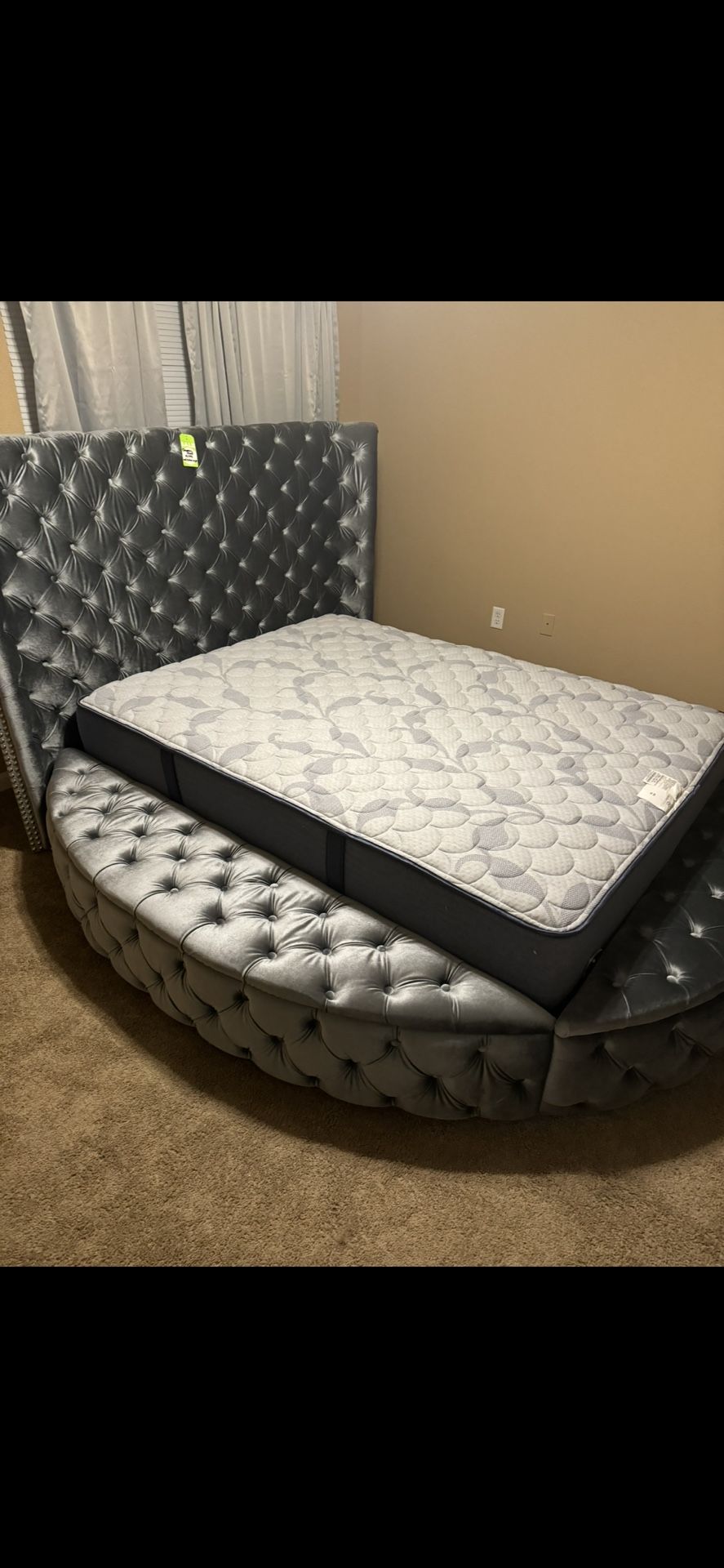 Extra Storage Queen Round Tufted Velvet Bed Frame – Excellent Condition