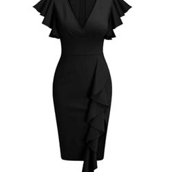 Knitee Womens Deep-V Neck Ruffle Sleeves Cocktail Party Pencil Slit Dress M
