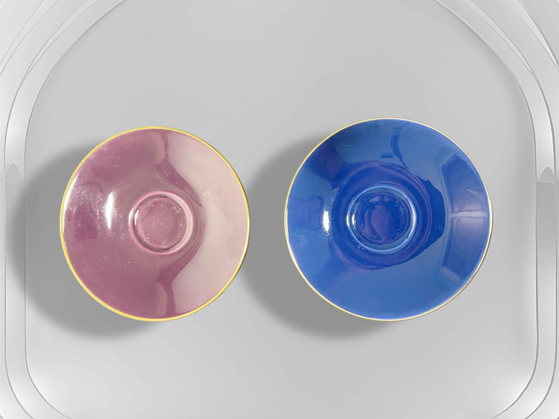Royal Copenhagen Aluminia 1950s 2 Confetti Replacement Plum & Cobalt Saucers, 5”