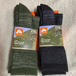 2- Packages of 3 Pair Ozark Trail Men’s Wool Blend Crew Socks 6”-12” GRN, BLK
