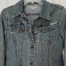 Max Studio denim jacket/brown suede code detail small in excellent condition 