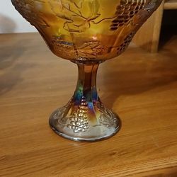 Vintage Carnival Glass Pedestal Bowl – Grape Pattern, Amber Iridescent