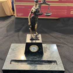 Bronze Finished Lady Justice Sculpture on Green Marble with Pen Holder and Quartz Clock