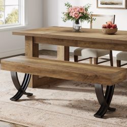 55 Inches Farmhouse Wooden Bench With Metal X-shaped Legs. 