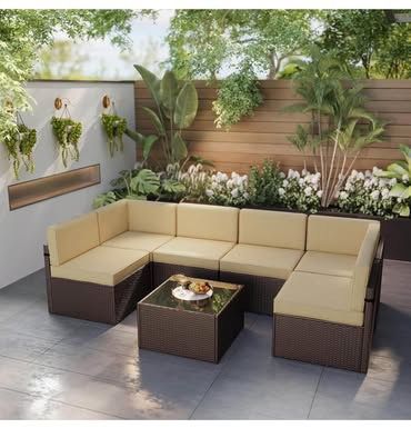 Newly assembled 7Pcs Patio Furniture Sets, Patio Sectional Sofas, All-Weather Brown Wicker