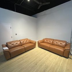 Pair of Real Leather Camel Brown Loveseat Couches