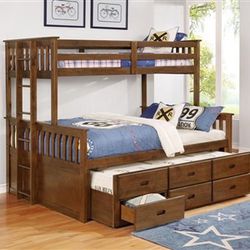 New XL Twin Over Queen Walnut Finish Wood Bunk Bed With Trundle & Drawers + 2 Mattresses