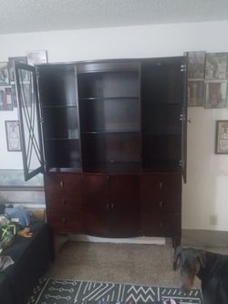 Dark Wood China Cabinet Hutch with Glass Doors