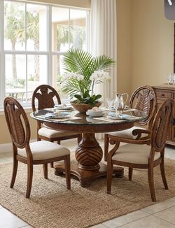 Tommy Bahama Style Tropical Round Dining Set – Pedestal Table & 4 Carved Palm Chairs