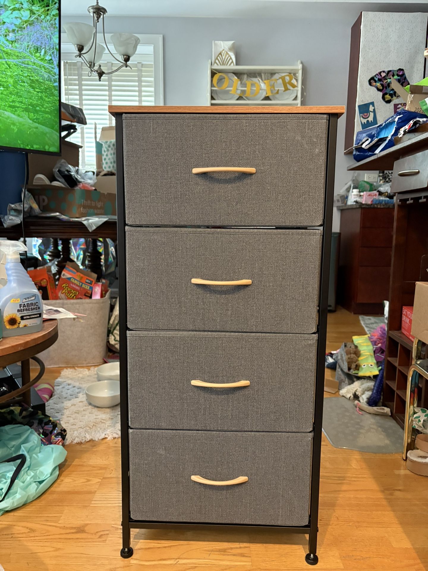 Storage Tower with 4 Drawers - Fabric Dresser, Organizer Unit- Gray Color And Brown Wood