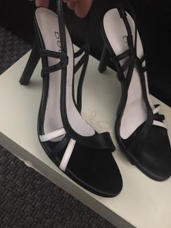 Black White strappy BEBE heels