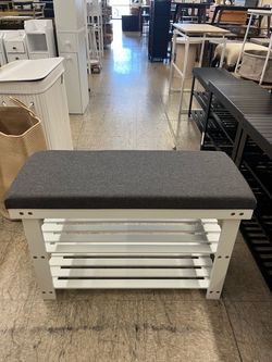 SONGMICS 28.3" Bamboo Shoe Bench 3-Tier Shoe Rack w/ Cushion - Cloud White / Slate Gray