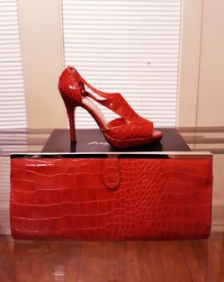 Anne Michelle Size 8 Red Patent Heels & Clutch Purse In Crocodile Or Snake Pattern.