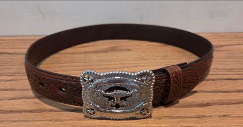 Nocona Belt Co. - Boys - Size: 26 - Belt w/Silver Longhorn Buckle - Synthetic Leather - Brown